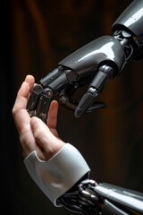 A robot hand holding a human's wrist in the palm of its own, AI