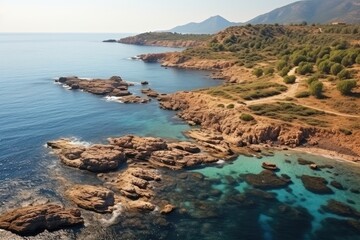Sardinia Landscape. Scenic Aerial View of Rocky Mediterranean Coastline with Crystal Clear Waters