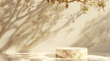 elegant marble podium with sunlight and shadows from a tree