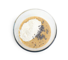 Raw dough with chocolate chips in bowl isolated on white, top view