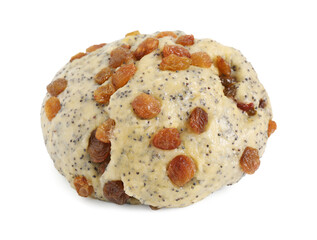Raw dough with poppy seeds and raisins isolated on white