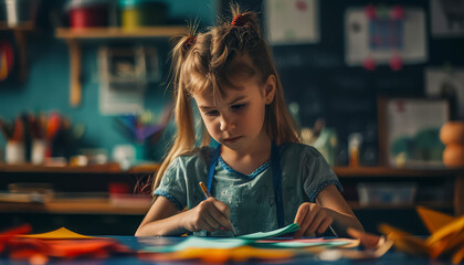 A young girl is sitting at a desk with a piece of paper and a box of crayons - Powered by Adobe