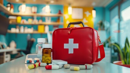 Red First Aid Kit with Medications on Modern Office Desk
