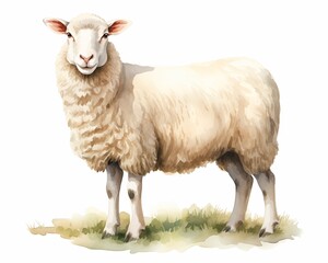 Fototapeta premium Artistic watercolor illustration of a woolly sheep standing calmly in a pasture, capturing the serene essence of farm life. 