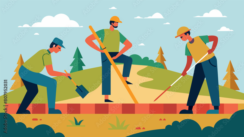 Poster skilled workers carefully grading the land using precise measurements and tools to create even slope