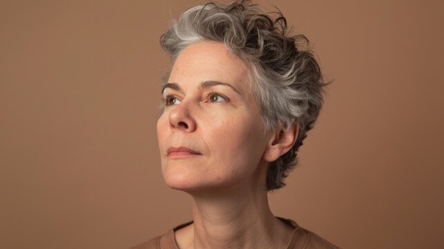 A woman with short gray hair and brown eyes is looking up in thought.