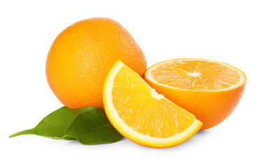 Whole and cut fresh oranges isolated on white