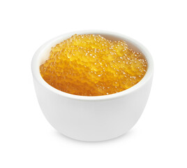Fresh pike caviar in bowl isolated on white