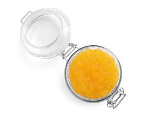 Fresh pike caviar in glass jar isolated on white, top view