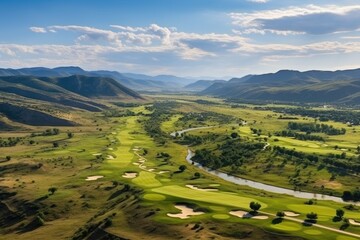 Slovakia landscape. Aerial View of a Lush Golf Course Amidst Rolling Hills and River.