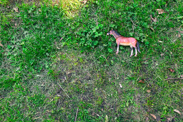 A toy plastic horse lies on the green grass. Figurine of a horse in the grass