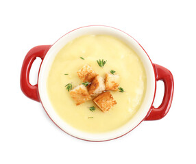 Tasty potato soup with croutons and rosemary in ceramic pot isolated on white, top view
