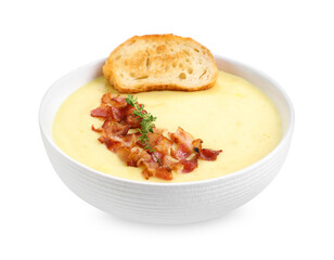 Tasty potato soup with bacon and crouton in bowl isolated on white