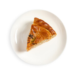 Piece of tasty homemade pie with filling isolated on white, top view