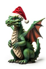 Obraz premium Green cute cartoon dragon in Santa Hat isolated on white, vertical image.