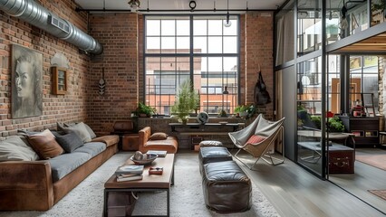 Contemporary industrial living room featuring brick walls, metal furniture, and expansive windows. Concept Industrial Design, Brick Walls, Metal Furniture, Expansive Windows, Contemporary Living Room