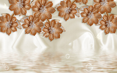  3D flowers Wallpaper with butterflies on a textured background, suitable for wall , panels, curtains , Wall art ..