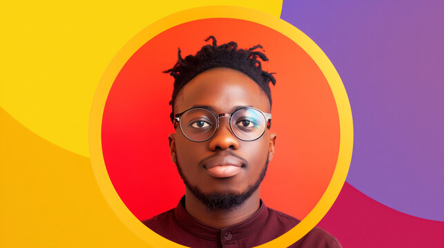A African American man with glasses and a beard is standing in front of a colorful background. employee spotlight template, circle shape around employee face, employee photo is off center.