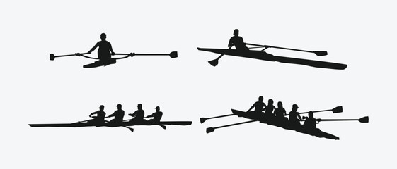 rowing silhouette collection set. water sport, race, transport, teamwork concept. different action, pose. monochrome vector illustration.
