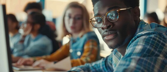 He works on Desktop Computer in College. He uses his knowledge to acquire academic skills in class. He is a handsome smart male student, studying at a university with diverse multiethnic classmates.