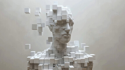 Abstract humanoid figure composed of white cubes