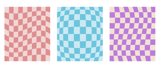 Y2k aesthetic background set, checkered groovy seamless pattern. Hippie colorful distorted tiles