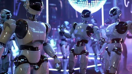 A group of robots have a dance party under a disco ball.