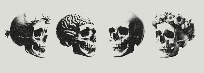 Trendy grunge texture human skull set with a retro halftone grain effect. Dotted stipplism photocopy texture. Y2k vintage elements for design skull with wreath, barb wire, brain