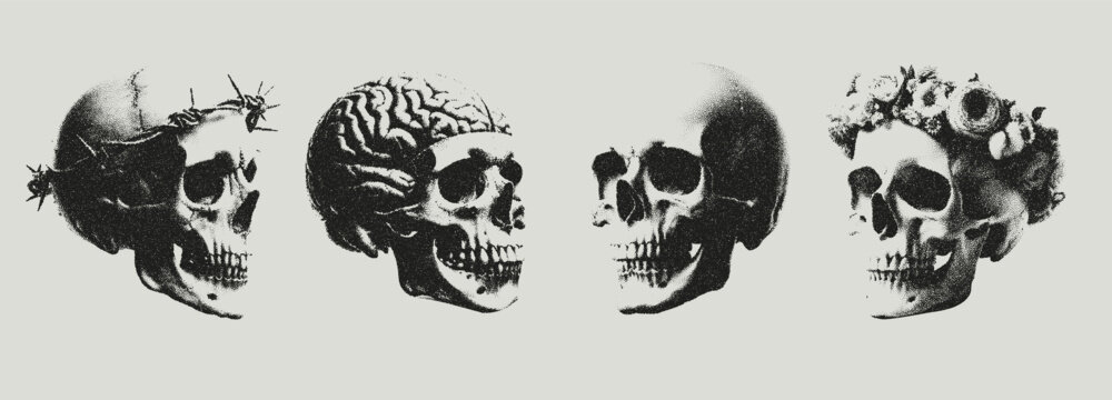 Trendy grunge texture human skull set with a retro halftone grain effect. Dotted stipplism photocopy texture. Y2k vintage elements for design skull with wreath, barb wire, brain