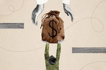 Creative collage image human transfer money bag millionaire funds capital rich investor buy...