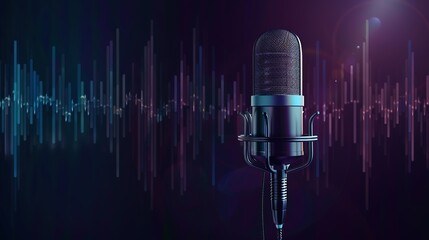 Podcast microphone with sound wave technology recording concept with copy space.