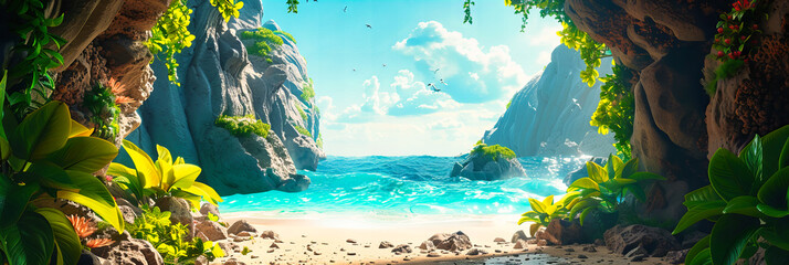 Tropical Beach with Rocky Cliffs and Lush Palms, Clear Blue Water, Idyllic Vacation Spot