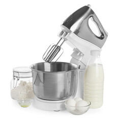 Stand mixer and different ingredients for dough isolated on white