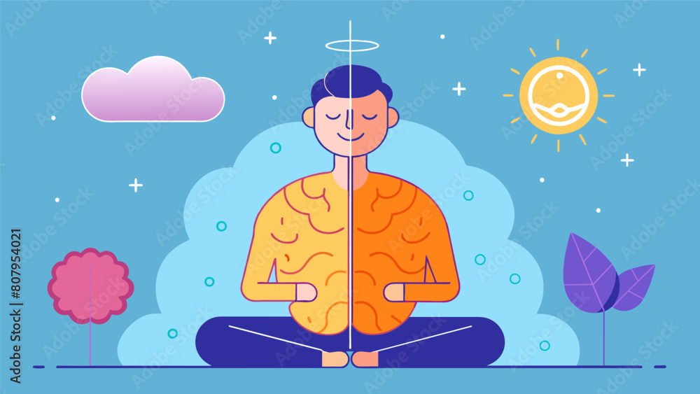 Poster a digital drawing illustrates the brains response to meditation with a comparison of neurotransmitte