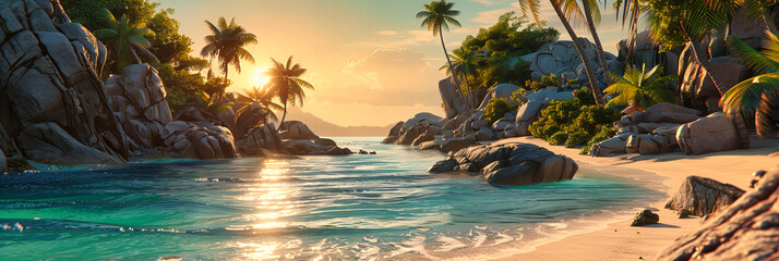 Fototapeta premium Tropical Island Beach with Palm Trees and Rocky Shoreline, Praslin Seychelles at Sunset