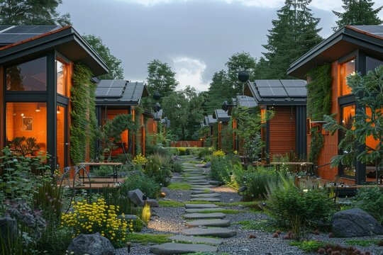 Eco-friendly tiny house community with solar panels and lush vertical gardens, Concept of sustainable living and renewable energy