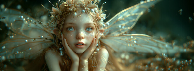 Beautiful little young fairy girl, gold trimmed wings, dreamy magical atmosphere. Enchanting, mystical poster, wallpaper, background, gift card, etc.
