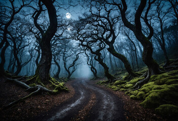 A winding path leads into a forest shrouded in darkness, where gnarled trees cast twisted shadows under the pale moonlight