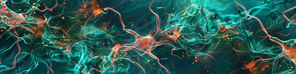 Digital synapses firing in shades of jade and coral, illustrating abstract communication in a...