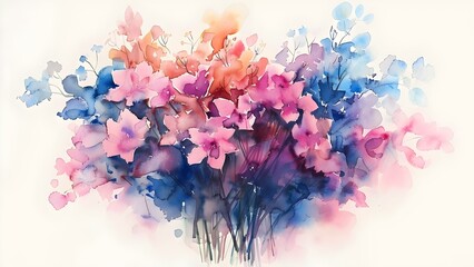 Watercolor painting of bouquet with wilting petals in hues of pink, purple, and blue. Concept Watercolor Painting, Bouquet, Wilting Petals, Pink, Purple, Blue