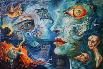Abstract oil painting on canvas in the style of surrealism