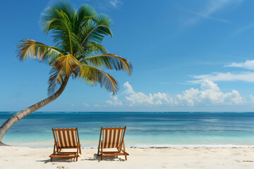 Two beach chairs under a single isolated palm tree on a tropical beach, looking out over the ocean