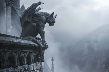 Bring to life a majestic Gargoyle perched on a medieval castle battlement
