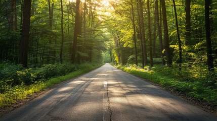 Obraz premium Sunlit forest road at dawn with lush green trees