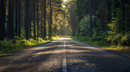 Fototapeta premium Sunlit forest road with lush green trees and dappled light