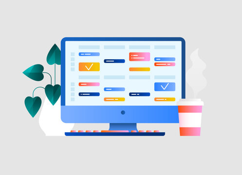 Online calendar with a daily schedule. Planning events, work tasks, appointments in a digital app. Business planner. Time management, scheduling concept. Isolated flat vector illustration