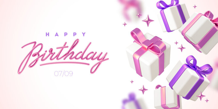 Birthday greeting design. Background with 3d white gift boxes with pink and purple ribbon and bow. Birthday celebration concept. Vector illustration.