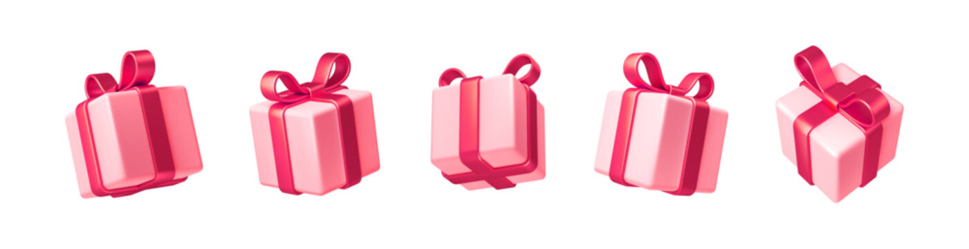 Set of realistic 3d render gift boxes. Pink gift box with red bow and ribbon. Gift box in different angles. Vector illustration.