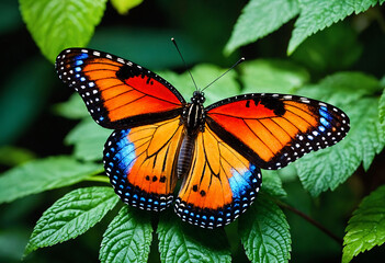 Radiant butterfly with iridescent wings settles among garden foliage, its shadow painting patterns