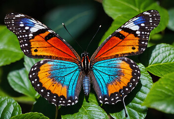 Naklejka premium Radiant butterfly with iridescent wings settles among garden foliage, its shadow painting patterns